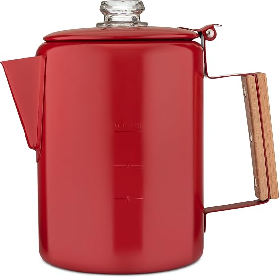 ماكينة تحضير القهوة COLETTI Bozeman Red Percolator للتخييم ماكينات تحضير القهوة المفضلة للتخييم بدون ألومنيوم أو بلاستيك [9 أكواب، أحمر Rescue]