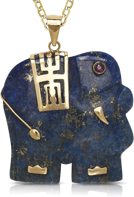 JewelryWeb 14k Gold Lavendar Jade or Blue Lapis Good Luck Elephant Necklace (22mm x 30mm)