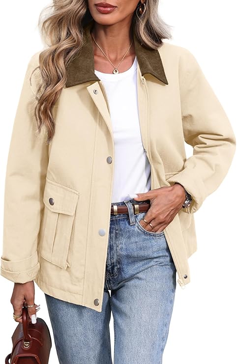 ELLEVEN Padded Barn Jackets for Women Oversized Fall Utility Corduroy Collar Coat, Cotton Outerwear with Pockets