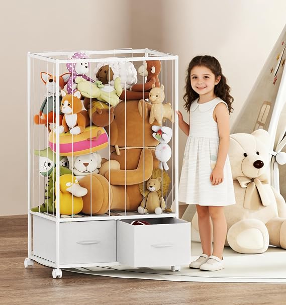 Metal Stuffed Animal Storage Zoo Organizer, 23.6"L x 16.5"W x 40.5"H | 2 Drawers, Mobile Toy Cage on Wheels, White
