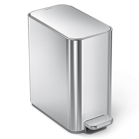 simplehuman Slim Step Can, 5L / 1.3 Gallon Compact Bathroom Trash Can, Liner Pocket, Sleek Internal Hinge, 150,000-Step All-Steel Pedal, Lid Shox Silent Close, Brushed Stainless Steel
