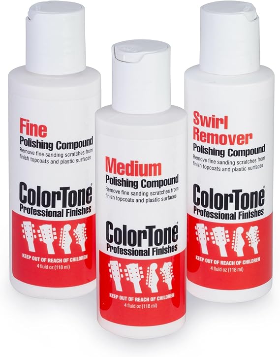 ColorTone Polishing Compounds, Set of Three (Medium, Fine and Swirl Remover) 4-oz Bottles High-Gloss Guitar Finish Restorer Removes Fine Sanding Scratches & Buffing Marks