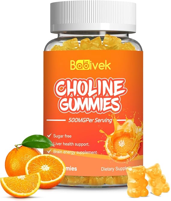 Choline Gummies 500mg, Choline Bitartrate Supplement Supports Brain & Cognitive Health, Liver Health, Sugar-Free, Non-GMO, Gluten-Free, Vegan-Friendly, 60 Count