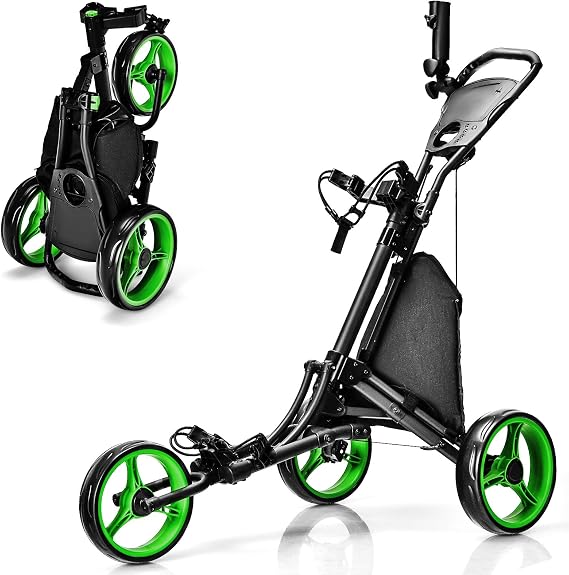 ULTIMATE 3 Wheel Golf Push Cart ، عربة ألومنيوم قابلة للطي للغولف مع حزام مرن ، مظلة وحامل كأس ، تخزين لوحة النتائج ، حقيبة تخزين معزولة ، مقبض قابل للتعديل وفرامل قدم