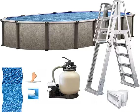 في حمام السباحة البيضاوي مقاس 18 × 33 بوصة فوق سطح الأرض - حزمة ملحمية - تتميز بما يلي: مرشح رملي ونظام مضخة وسلم إطار A