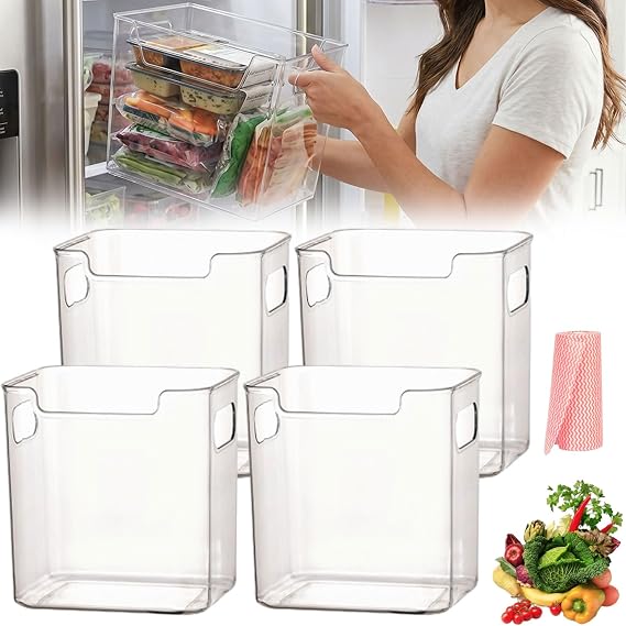Crystal Clear Freezer Storage Bins, Freezer Organizer Bins and Refrigerator Drawers, Stackable Upright Deep Chest Freezer Organizer Bins for Meat and Veggies (White 4Pcs S)