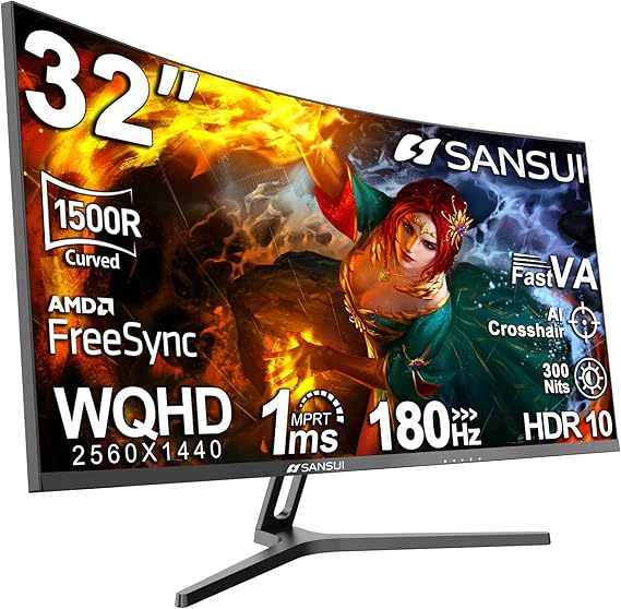 SANSUI 32-Inch Curved Gaming Monitor WQHD 2560 x 1440 180Hz Curved 1500R -Fast VA,1ms(OD), HDR, 300nits, sRGB 125%, DCI-P3 95%, FreeSync, DP1.4x2, HDMI x2(DP Cable Included)