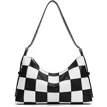 Checkered Shoulder Bag for Women - Large Black White Vegan Leather Crossbody Purse with Adjustable Strap, Zipper Closure Handbag for Work Travel