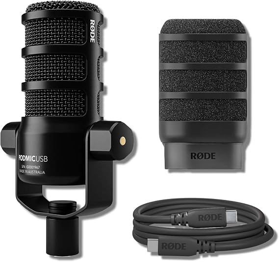Rode PodMic USB Dynamic Broadcast Microphone Bundle with WS14 Black External Pop Filter XLR and USB-C, 24-Bit, Aphex DSP, Cardioid Studio Mic for Podcasting, Streaming, Voice Over, Broadcasting
