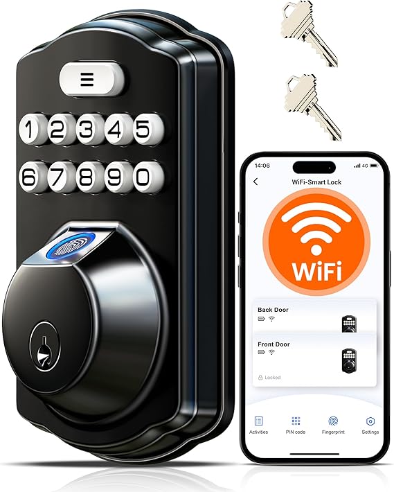 قفل ذكي مدمج ببصمة الإصبع Veise VE012W، مع جهاز تحكم عن بعد للتطبيق، متوافق مع Alexa وGoogle Assistant، دخول بدون مفتاح للباب الأمامي، مزلاج لوحة المفاتيح الرقمية، قفل تلقائي، أسود غير لامع