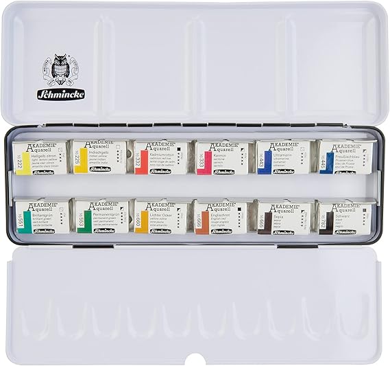 Schmincke - AKADEMIE Watercolor Paint Box ، Basic Assortment 12 x 1/1 Pans، 75 312 097، Metal Box، ألوان خفيفة للغاية، ألوان مائية دقيقة للفنانين