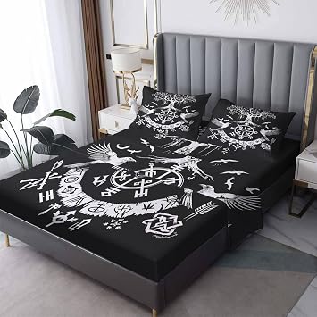Tree of Life Sheets Queen Sheet Set, Bird Viking Bed Sheets, Norse Mythology Bedding Bedroom Decor, Soft Microfiber Deep Pocket Fitted Sheet & Flat Sheet & 2 Pillowcases