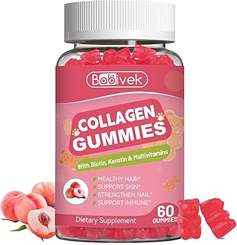 Collagen Gummies for Women & Men Collagen Gummies with Biotin Hyaluronic Acid Vitamin C E, Peach Flavor, Vegan 60 Gummies