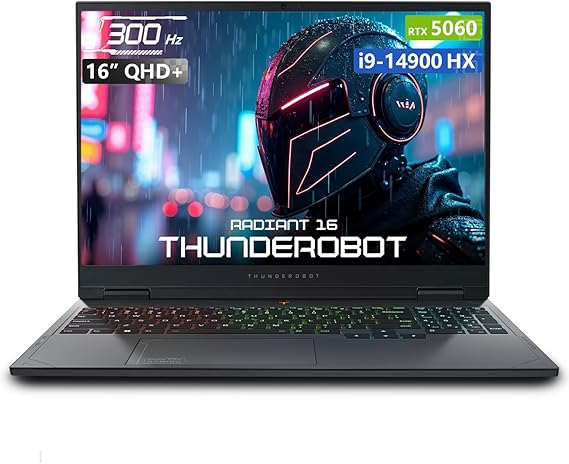 كمبيوتر محمول للألعاب Thunderobot Radiant 16 i9 5060 بدقة 2.5K، شاشة QHD+ مقاس 16 بوصة حتى 300 هرتز بدقة 2.5K، Core i9-14900HX، GeForce RTX 5060، ذاكرة وصول عشوائي DDR5 سعة 32 جيجابايت، SSD سعة 2 تيرابايت، لوحة مفاتيح بإضاءة خلفية RGB، Wi-Fi 6، Windows 11 Home، أسود