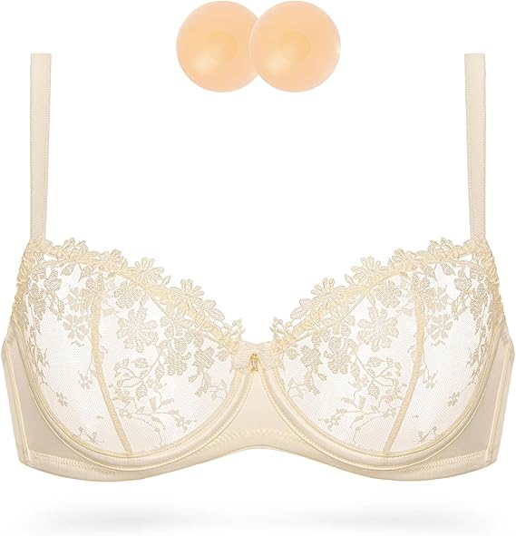 Wingslove Women's Sexy Lace Bra Demi Sheer Mesh Balconette See Through Bralette Unlined Underwire Embroidered
