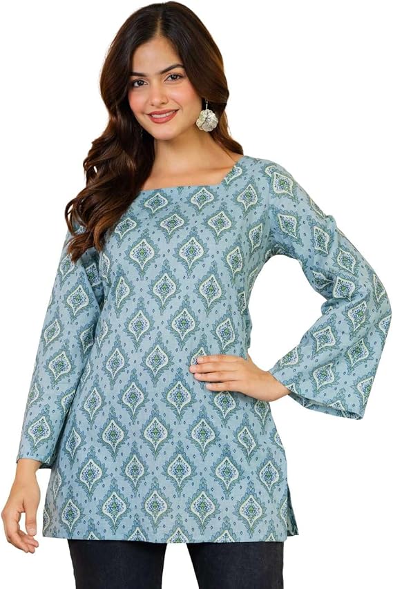 Women's Cotton Printed Short Kurta - Square Neck Bell Sleeve Ethnic Tunic Top, Teal Blue