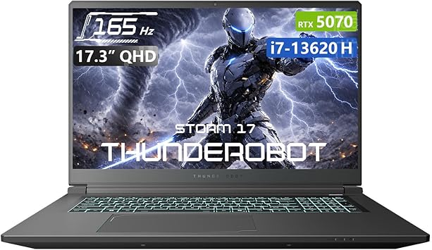 Thunderobot Storm 17 5070 17 inch Gaming Laptop, 17.3" QHD 165Hz 2K Display, Core i7-13620H, GeForce RTX 5070, 16GB DDR5 RAM, 512GB SSD, HDMI, Type-C, RGB Backlit Keyboard, Wi-Fi 6, Win 11 Home