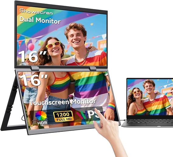 Dual Portable Monitors Touchscreen 16inch, IPS FHD1080P 99% sRGB USB-C HDMI Foldable Laptop Extender Monitor for Meeting Business