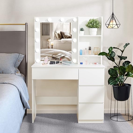 Vabches Makeup Vanity with Lights، 37inch Vanity Desk، 4 Large Drawers Dresser with Lighted Mirror، 3 Lighting Modes Brightness قابل للتعديل، أبيض