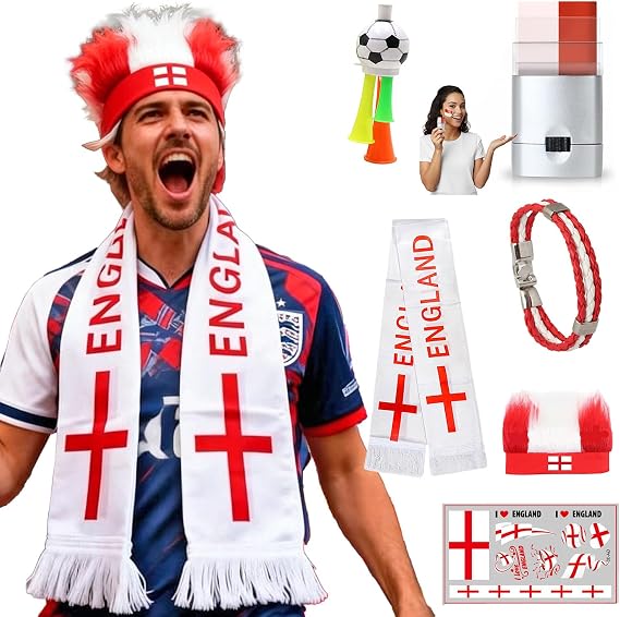 2026 England Soccer Fan Kit - Face Paint Sticks, Flag Scarf, Hairy Headband, Wristband, Soccer Horns, Temporary Tattoo for Soccer, Football, Rugby, Baseball, Game Day, Watch Parties