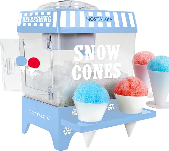 Nostalgia Snow Cone Machine Retro Table-Top 8 Oz Snow Cone Maker Makes 20 ICY Treats Countertop Slushie Machine Includes 2 Reusable Plastic Cups & Ice Scoop-Vintage Blue