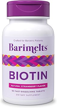 BariMelts Biotin 5000 mcg، 90 قرص سريع الذوبان 3 أشهر، فيتامينات بارياتريك خالية من السكر للنساء، نكهة الفراولة الطبيعية