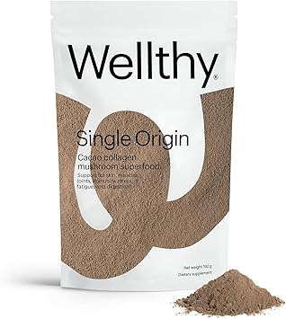 Wellthy Collagen Superfood Powder، Fights Stress & Fatigue، Cacao، Mushroom Powder - Organic Chaga & Reishi Extracts، Certified Organic Matcha، Allergen-Free and Non-GMO   