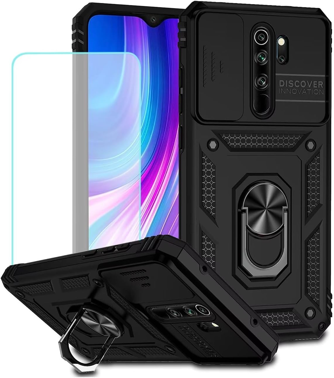 Case for Redmi Note 8 Pro Case, M1906G7I Case with Tempered Glass Screen Protector and Slide Camera Cover, 360° Rotate Ring Stand Magnetic Cover for Xiaomi Redmi Note 8 Pro Black