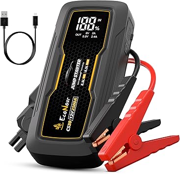 EcoNour 2500A Portable Jump Starter for Car | 12V Lithium Jump Box for 8.5L Gas and 8.5L Diesel Engines | Car Jump Starter - LCD Display, Emergency Flashlight and Jumper Cables