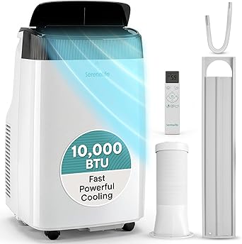 SereneLife مكيف هواء صغير محمول 10000 وحدة حرارية بريطانية مع مزيل الرطوبة المدمج - وحدة تكييف محمولة للغرف التي تصل إلى 450 قدمًا مربعًا - جهاز التحكم عن بعد ، طقم عادم حامل النافذة