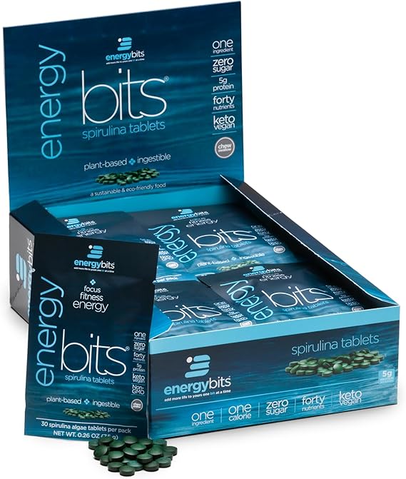 ENERGYBITS Organic Spirulina Tablets (900 Algae Tablets) Natural Superfood for Energy, Fitness & Focus - 5g Protein, 1 Calorie, Sugar Free - Omega 3 - Spirulina Capsules - Gluten Free, Keto & Vegan