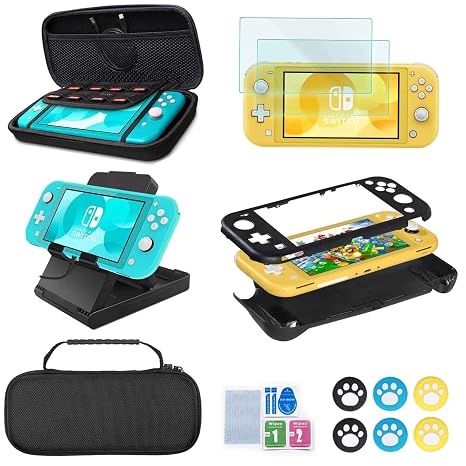 Accessories Kit for Nintendo Switch Lite - YOOWA Accessories Bundle with Carrying Case Protective Cover case and 2-Pack Tempered Glass Screen Protector, Adjustable Play Stand, 6 Thumb Grips