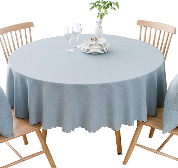 Qubjus Round Linen Tablecloth Washable Wrinkle Solid Color Table Cloth with Lace for Home Decor Kitchen(Light Blue, Round-78inch)