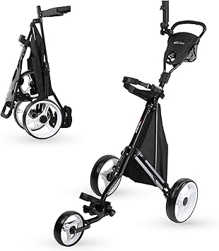 PRECISE Cruiser 3-Wheel Golf Push Cart with Foot Brake & Stabilizer Rods Folding Golf Trolley, Ergonomic Handle, Detachable Storage Bag, Scorecard & Cup Holder