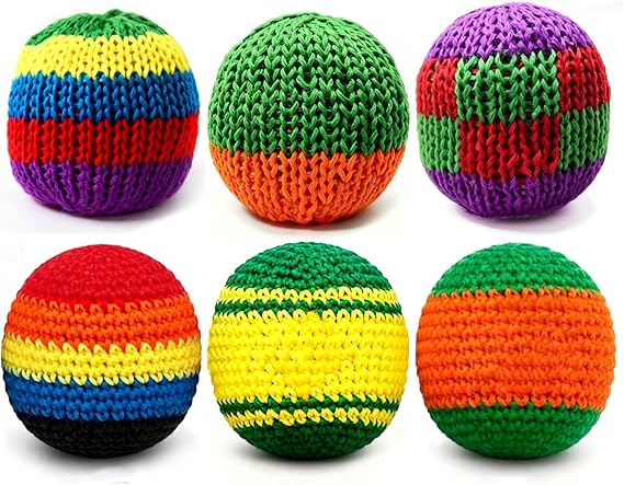 TLM 6PCs Rainbow Knitted Footbags Set - Colorful Crochet Foot Bag Kick Balls for Adults and Beginners, Small Kick Sack for Juggling Practice, Indoor Outdoor Games, Party Favors and Group Play