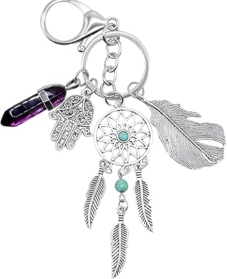 Dreamcatcher Protection Good Luck Hamsa Evil Eye Charms Gemstone Keychain for Car Key Ring للرجال والنساء   