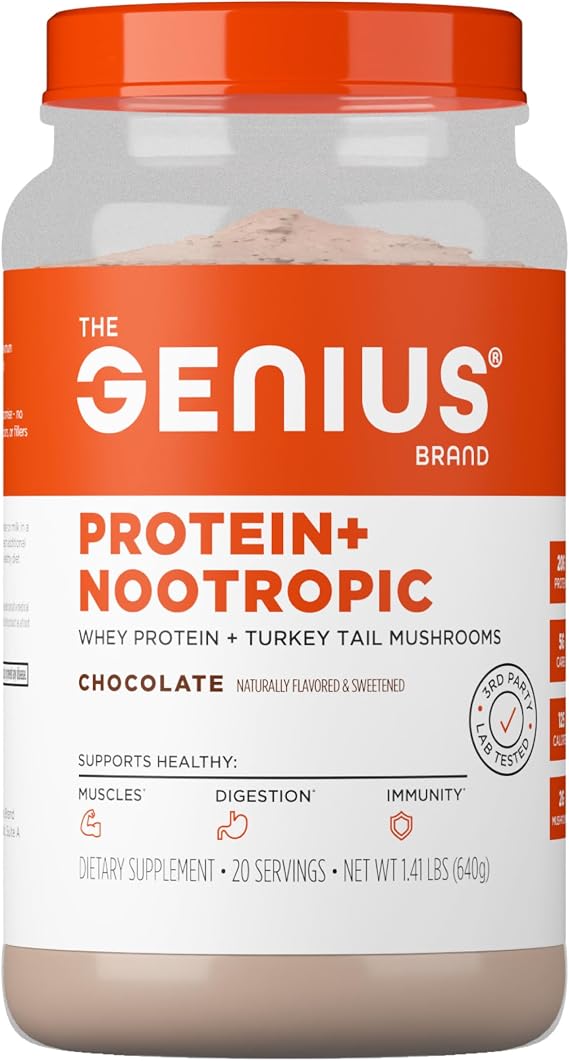 The Genius Brand Protein Powder - Chocolate + Adaptogenic Mushroom Blend - Plant-Based Protein with Turkey Tail for Gut Health - Daily Muscle Recovery & Immune Support - 20 Servings
