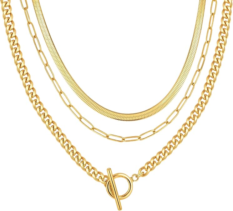 MPRAINBOW Layered Gold Necklaces for Women - 18K Gold Plated Necklace Chains,Stackable Cuban Link Chain Necklace,Hypoallergenic Trendy Stack Necklace Jewelry,Christmas Wedding Prom Gift