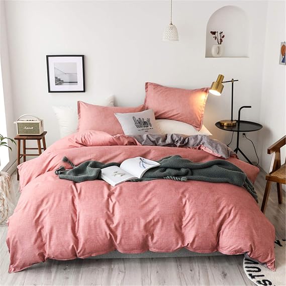 Bedding Duvet Cover Set with 2 Pillowcases, Double Bedding Quilt Duvet Cover Set Reversible Duvet Set Microfiber Duvet Cover, Soft Duvet Cover Quilt Bedding Set (Pink Gray,135x200cm)