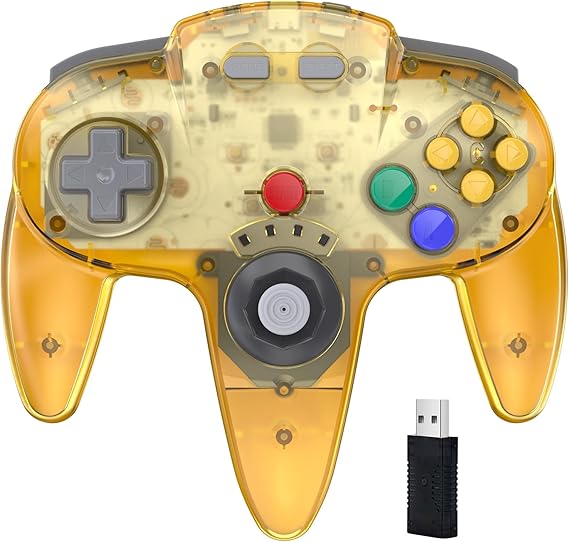 KIWITATA N64 Wireless USB Controller for Switch, 2.4ghz Rechargeable Wireless N64 Remote Joystick Controller for SwitchSwitch LiteSwitch OLED, MAC, PC Windows 7,8,10,11 Clear Yellow