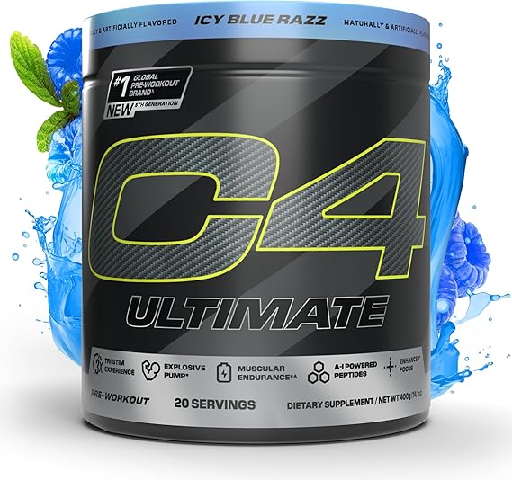 Cellucor C4 Ultimate Pre Workout Powder - مكمل طاقة ما قبل التمرين خالي من السكر للرجال والنساء - 300 مجم كافيين + TeaCrine + دينامين + الكرياتين - ICY Blue Razz، 20 حصة