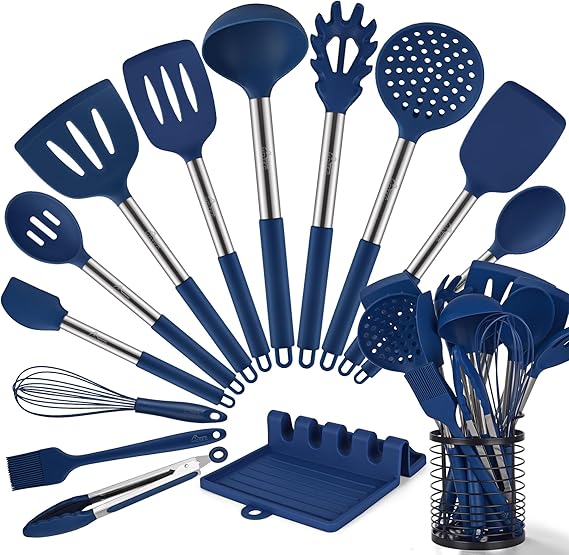 HOTEC 446F Heat Resistant Silicone Kitchen Utensils, BPA Free Cooking Utensil Set, Spatula Set, Kitchen Gadgets, with Stainless Steel Utensils Holder, Dishwasher Safe, 14pcs Classic Blue