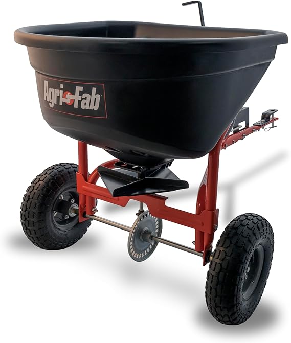 Agri-Fab Tow Behind Broadcast Spreader for Seed, Fertilizer, Salt and Ice Melt, 110 lb Capacity Lawn and Garden Spreader with 10 Ft Spread Width