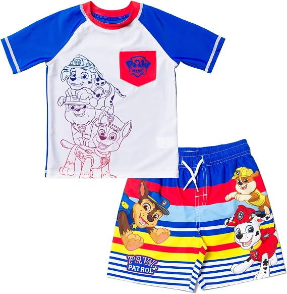 Paw Patrol UPF 50+ Rash Guard Swim Trunks مجموعة ملابس للأطفال الصغار إلى أحجام الأطفال الصغار (2 T - 7)