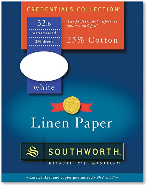 Southworth J558c 25٪ ورق أعمال من الكتان القطني 32 رطلاً. 8-1 / 2 X 11 أبيض 250 / صندوق