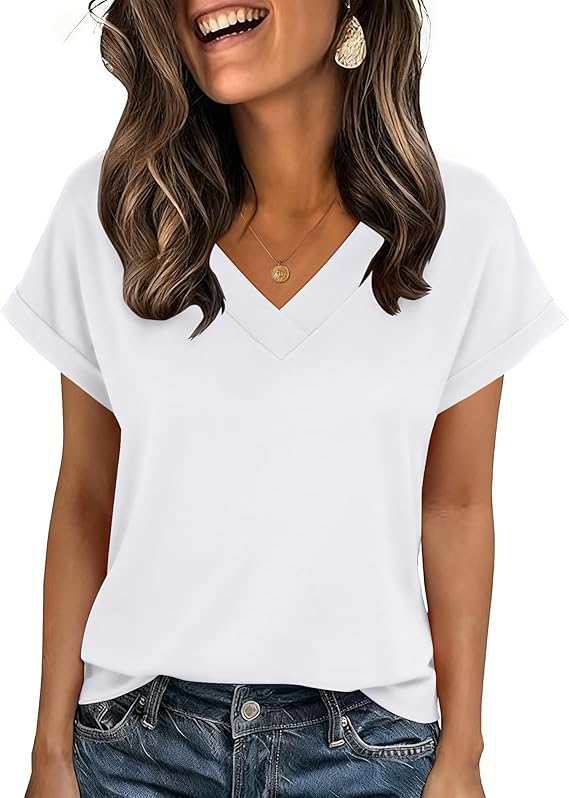 Zeagoo Womens Summer Tops Rolled Short Sleeve V Neck Shirts Casual Dressy Business Work Blouses Outfits