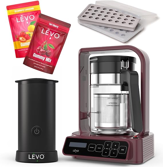 LEVO C Oil Infuser & Gummy Mixer Bundle Infused Gummy Making Kit with Candy Molds, Cherry Gummy Mix, Strawberry Lemonade Gummy Mix - Mulbery Red