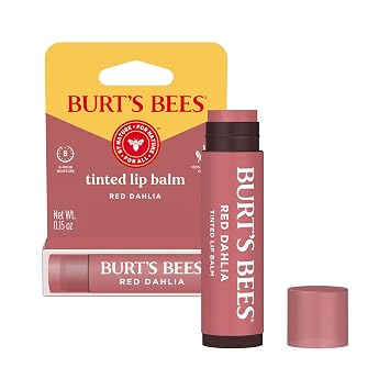 بلسم الشفاه Burts Bees، تركيبة بلسم ملون ثنائي 2 في 1 تدوم طويلاً، لون مملوء بزبدة الشيا المرطبة للحصول على لمسة نهائية طبيعية قابلة للبناء، داليا حمراء، أنبوب واحد