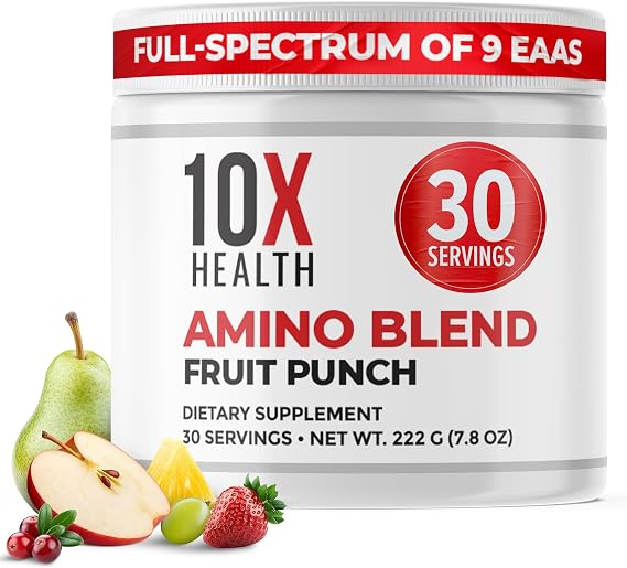 10 أحماض أمينية صحية - 30 حصة من مسحوق EAA وBCAA، مكمل BCAA قبل التمرين مع الأحماض الأمينية الأساسية - BCAAs وEAAs لإطالة العمر ودعم العضلات والقوة والطاقة - Fruit Punch