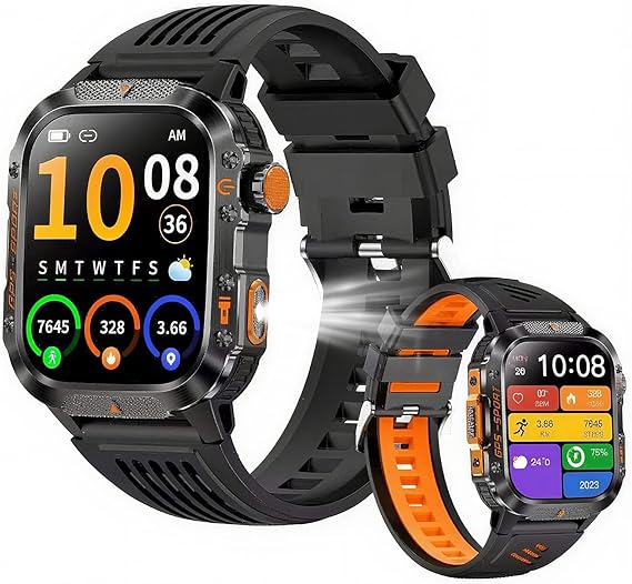 Military Fitness Tracker Smart Watch for Men, Square Black, 1.7" HD | Multiple Sports Modes, 600mAh Battery, IP68 Waterproof, SpO2 Monitor, Flashlight